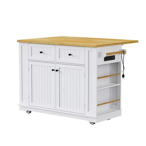 White Wood 45 in. Kitchen Island, Kitchen Storage Cart on 5 Wheels with Drop Leaf, Power Outlet and 5 Open Side Racks