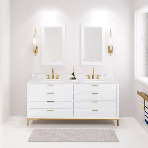 Water Creation Bristol 72 in. W x 21.5 in. D Vanity in Pure White with Marble Top in White with White Basin and Grooseneck Faucet