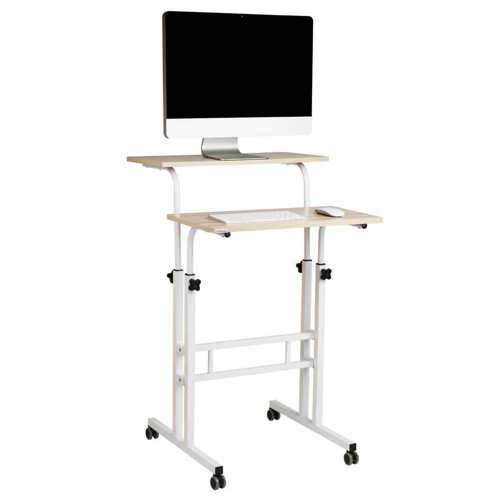 White Adjustable Height Mobile Standing Desk with Keyboard Tray