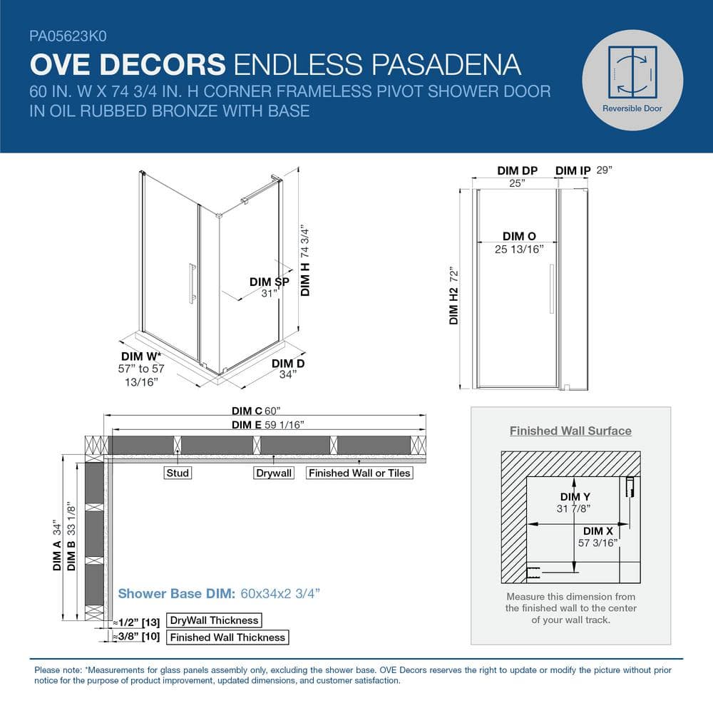 Pasadena 60" x 72" Frameless Shower Kit with Oil Rubbed Bronze Finish