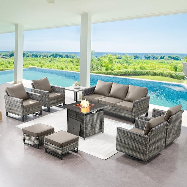 Opohoro U-Weave 8-Piece Gray Wicker Outdoor Square Fire Pit Conversation Set with Gray Cushions and Swivel Rocking Chairs