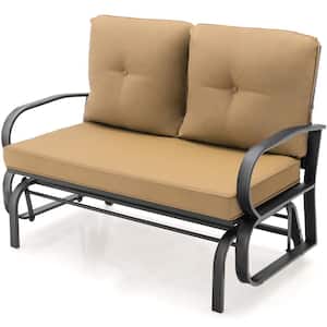 2-Person Metal Outdoor Patio Glider Bench Swing Seat Bench with Seat and Back Beige Cushions