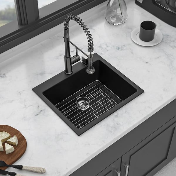 25 in. Drop in Single Bowl Black Quartz Kitchen Sink with Bottom Grids