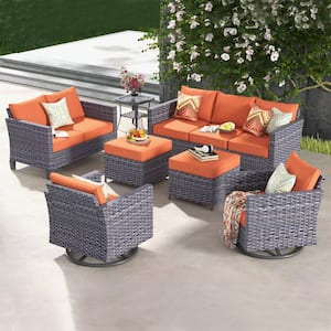 Neptune Gray 7-Piece Wicker Patio Conversation Seating Sofa Set with Orange Red Cushions and Swivel Rocking Chairs