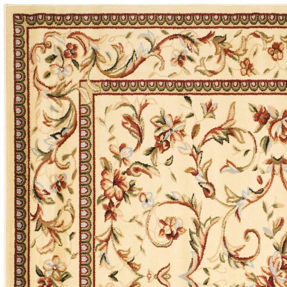 Ivory Floral Hand-Knotted Synthetic Square Rug, 8' x 8'