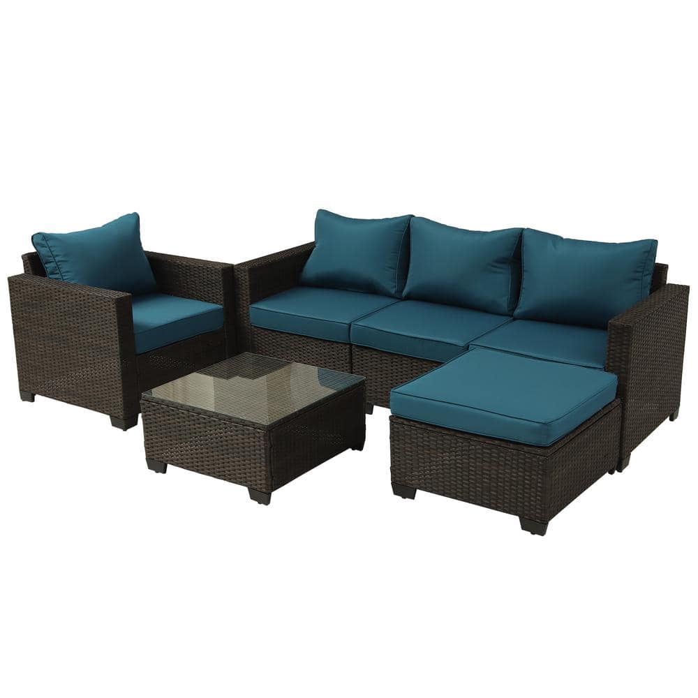 Brown Frame 6-Piece Wicker Outdoor Sofa Sectional Set with Peacock Blue Cus