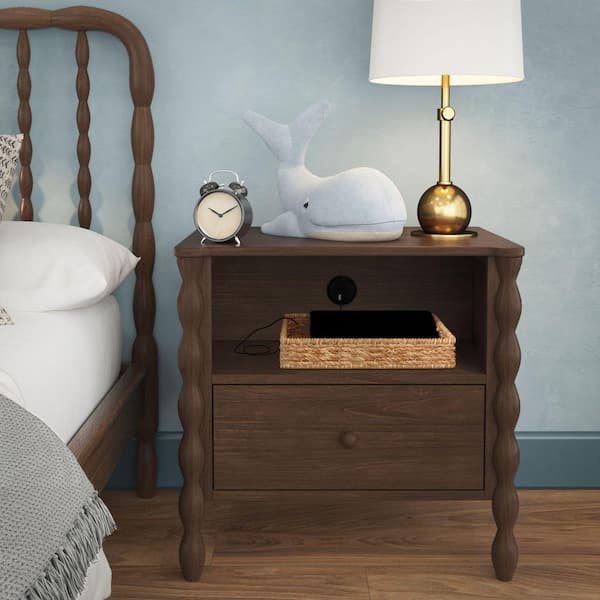 Jenny Walnut 1 Drawer 26 in W Nightstand with Charging Station