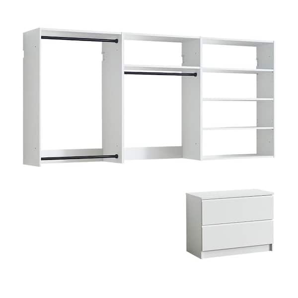 Devi Series 31.5-94. 5in. W White Wall Mount Hanging Rods, Adjustable-Shelves & Drawer Unit 5-Shelf Wood Closet System