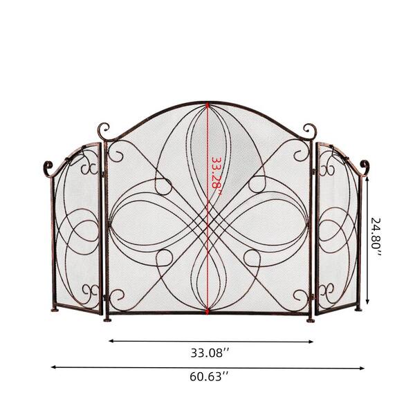 Vintage Ornate Fireplace Screens Mesh 3 Panel Rustic Black Scrolling Iron Screen 