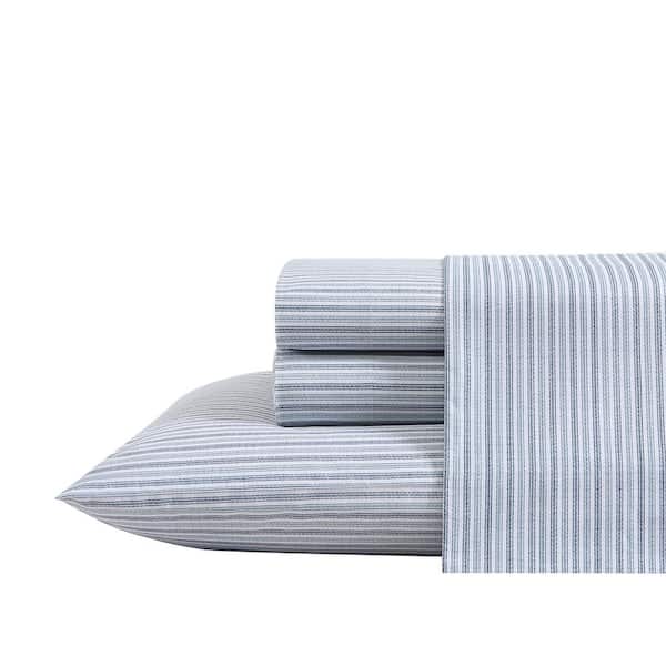 Eddie Bauer Ticking Stripe 4-Piece Navy Blue Cotton Full Sheet Set