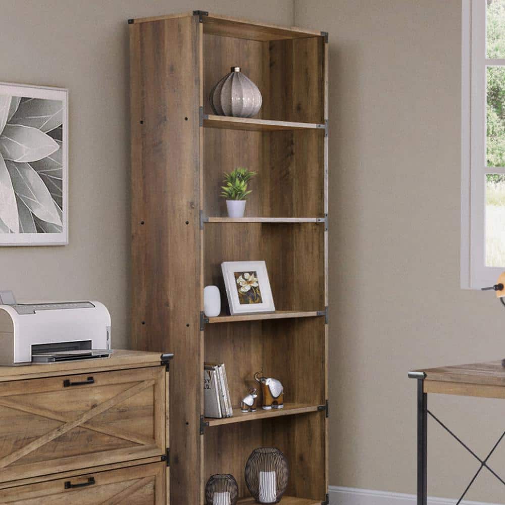 Rustic Oak 5-Shelf Bookcase with Black Metal Brackets