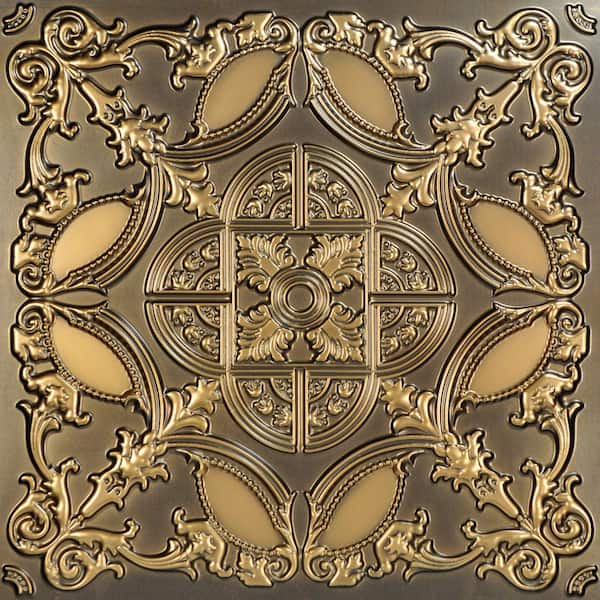 FROM PLAIN TO BEAUTIFUL IN HOURS Golden Prague Antique Gold 2 ft. x 2 ft. PVC Glue Up or Lay-In Faux Tin Ceiling Tile (40 sq. ft. /Case)