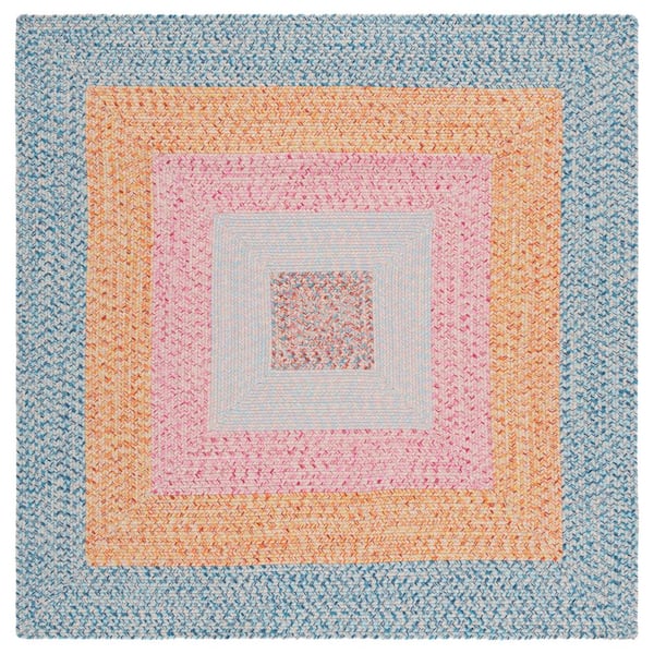 Braided Aqua/Pink 3 ft. x 3 ft. Machine Washable Solid Striped Border Square Area Rug