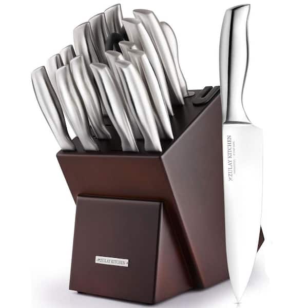 18-Piece Stainless Steel Kitchen Knife Set with Block and Built-In Sharpener