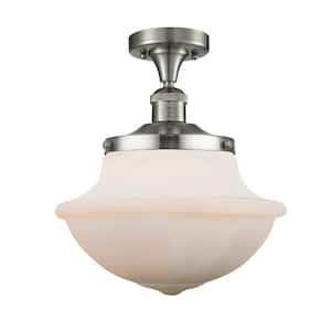 Franklin Restoration Oxford 11.75 in. 1-Light Brushed Satin Nickel Semi-Flush Mount with Matte White Glass Shade