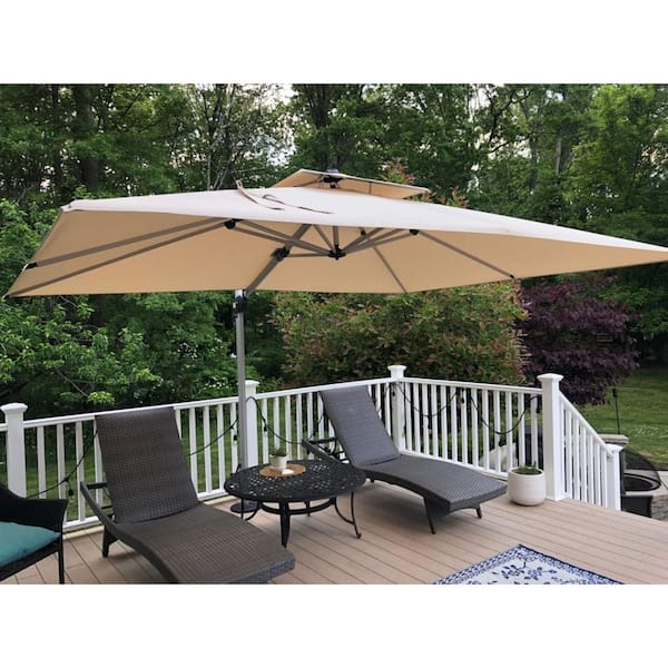 9 ft. x 11 ft. Windproof Aluminum 360 Rotation Cantilever Polyester Outdoor Patio Umbrella with Base, Beige