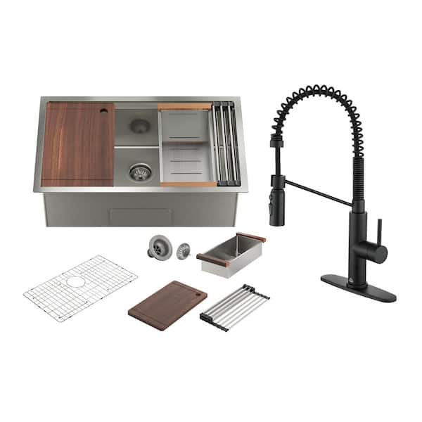 CASAINC 32 in. Undermount Single Bowl 16 Gauge Nano Stainless Steel Workstation Kitchen Sink with Pull Down Kitchen Faucet