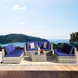7-Piece PE Rattan Wicker Outdoor Sectional Patio Furniture Conversation Set with Navy Blue Cushions for Garden