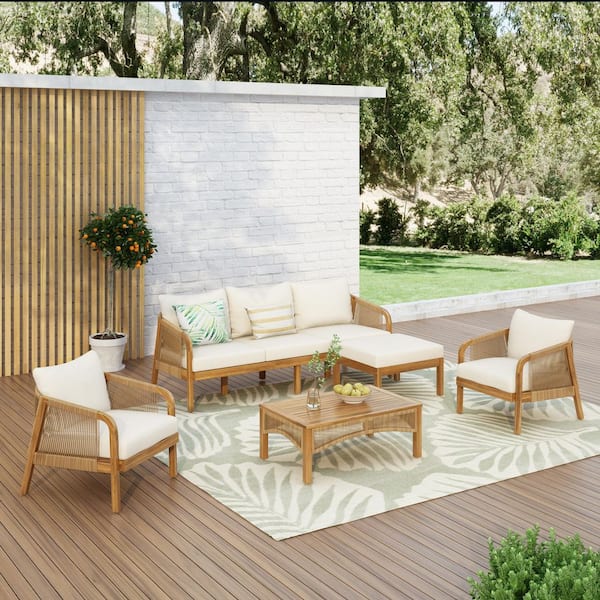 Horace 5-Piece Solid Wood and Wicker Outdoor Patio Conversation Set with Beige Cushions and Ottoman, Teak Finish