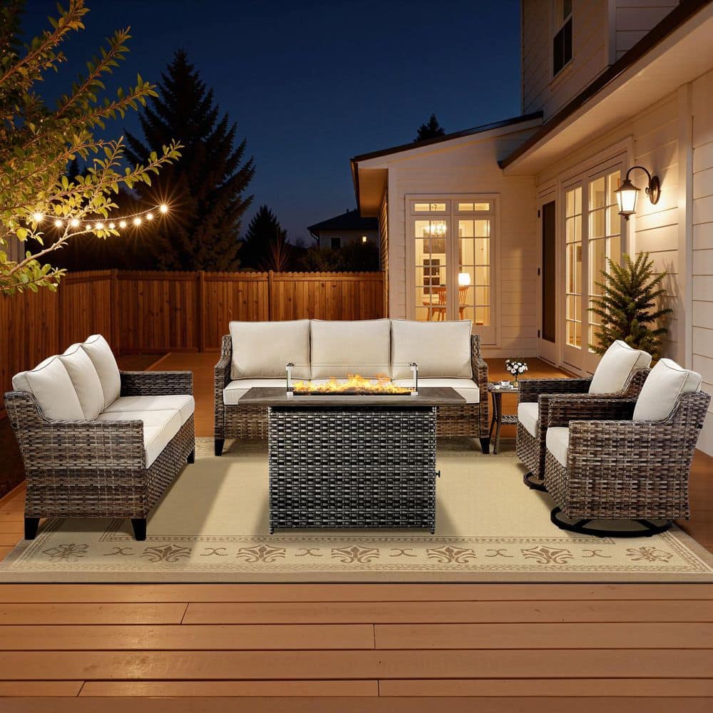 Glissia Gray 6-Piece Wicker Outdoor Patio Fire Pit Deep Seating Set with Beige Cushions and Swivel Gliders price history on PriceWatchPro