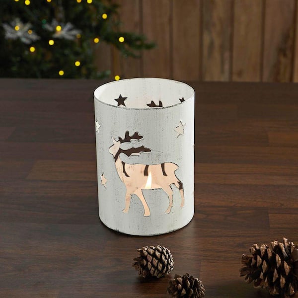 Winter Walk Distressed White Metal Candle Holder 1-Pack