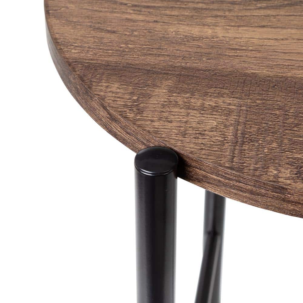 Natural Wood and Black Metal Round Side Table