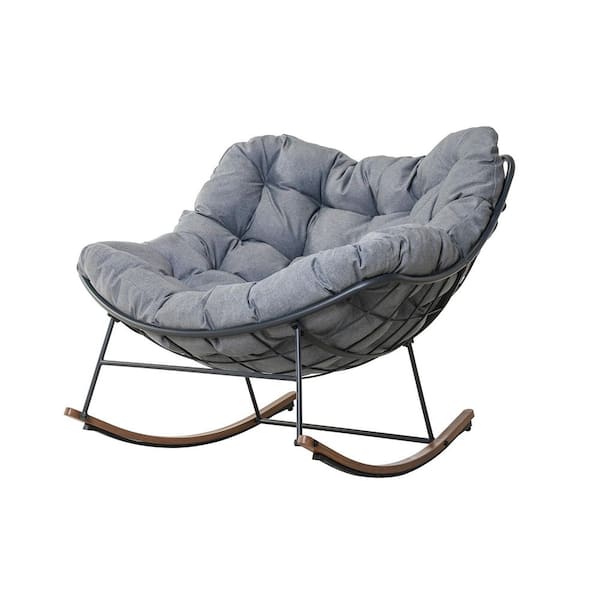 Metal Outdoor Rocking Chair with Gray Cushion for Balcony Porch Patio Rocker Chair