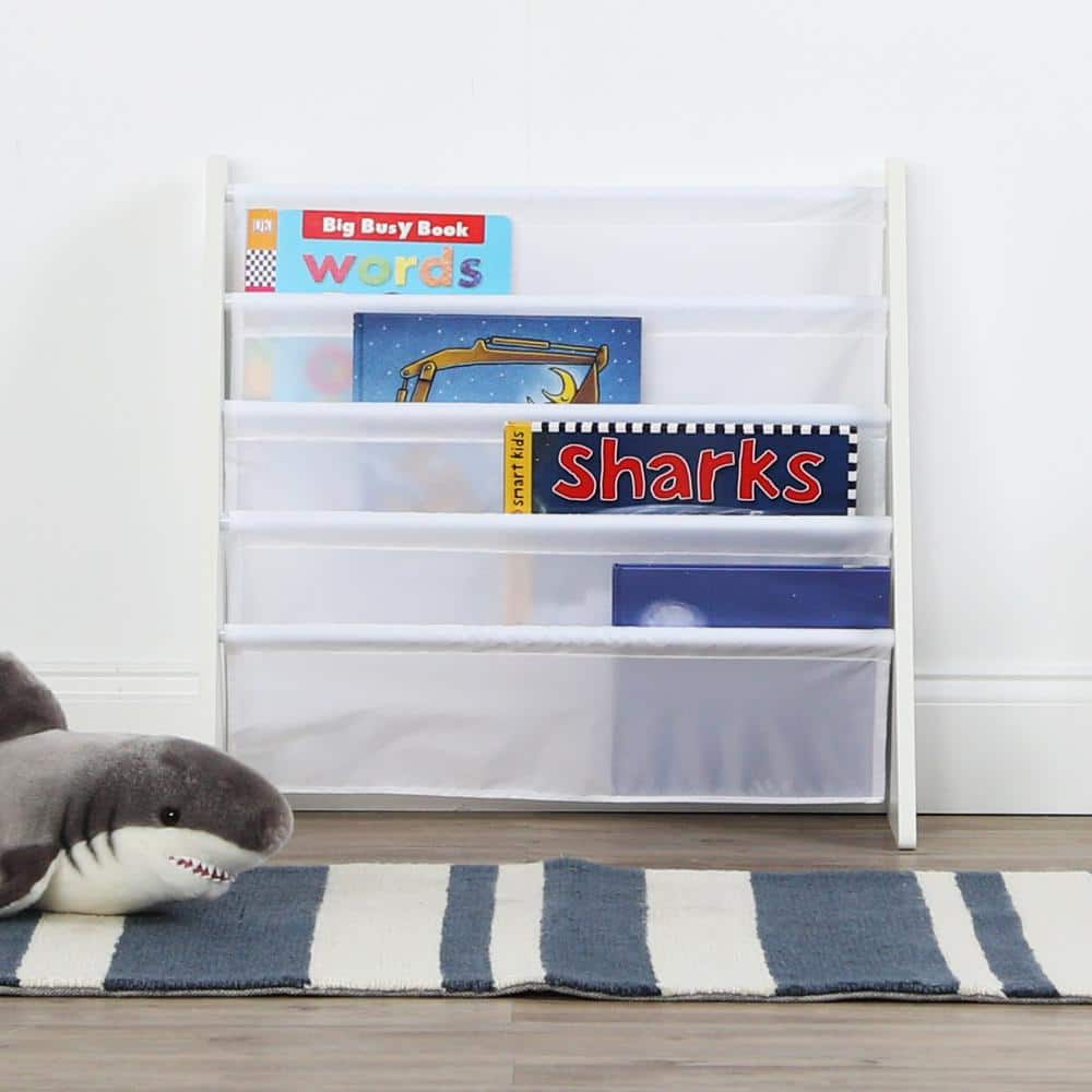 White 4-Tier Kids Book Rack with Fabric Pockets