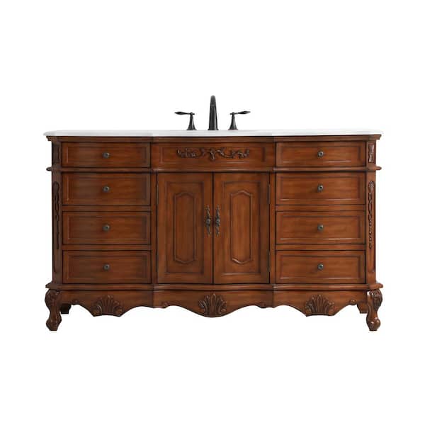 Unbranded Simply Living 60 in. W x 21 in. D x 36 in. H Bath Vanity in Teak with Ivory White Engineered Marble