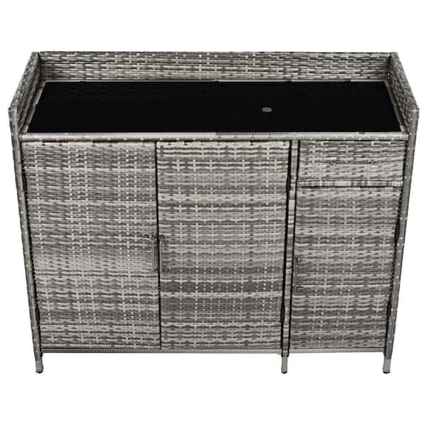 47.5 in. W x 15.8 in. D x 39.5 in. H Gray Wicker Outdoor Storage Cabinet with Tempered Glass Desktop and 3-Doors