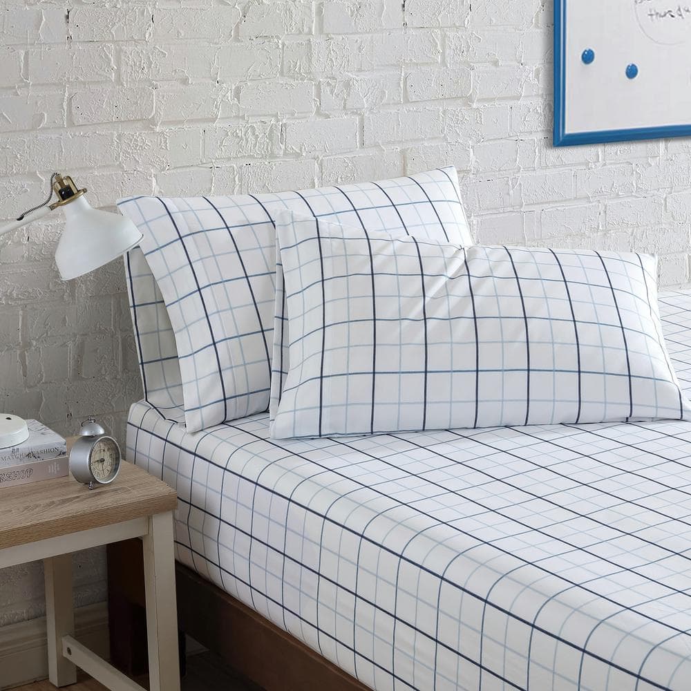 Classic Blue Checkered Twin XL Microfiber Sheet Set with Deep Pockets