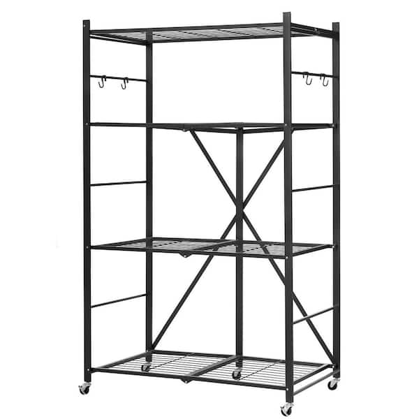 4 Tiers Steel Frame Folding Household Shelving Unit with Lockable Wheels in Black (36 in. W x 60 in. H x 21 in. D)