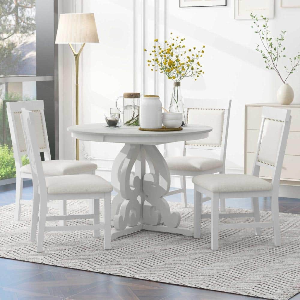 5-Piece Solid Wood Dining Set, 1 Extendable Table with a 16-inch Leaf and 4 Upholstered Chairs for Dining Room(White)