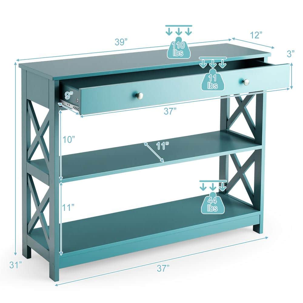 Modern Turquoise 3-Tier Console Table with Storage Drawer