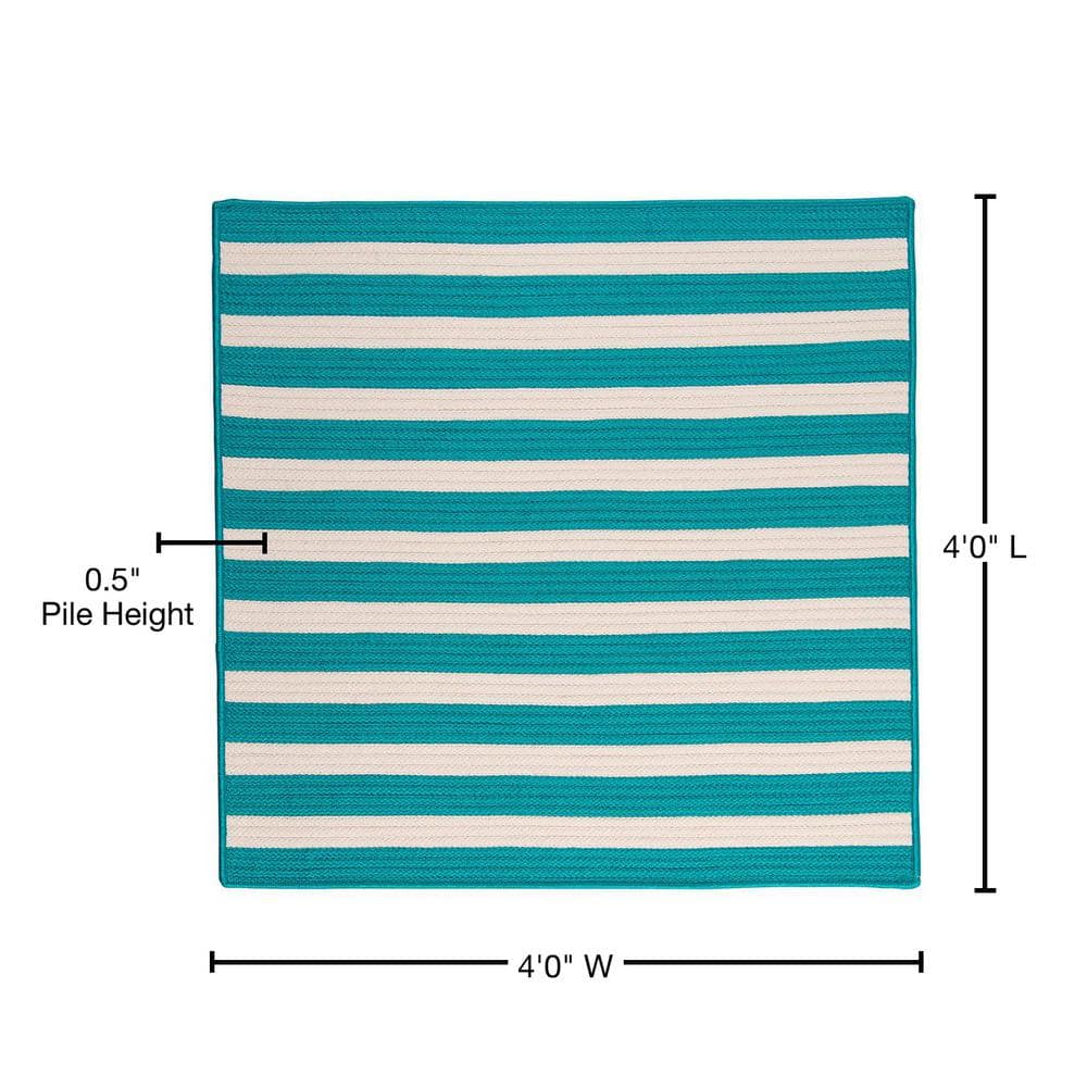 Turquoise Blue and White Square 4' Braided Reversible Rug