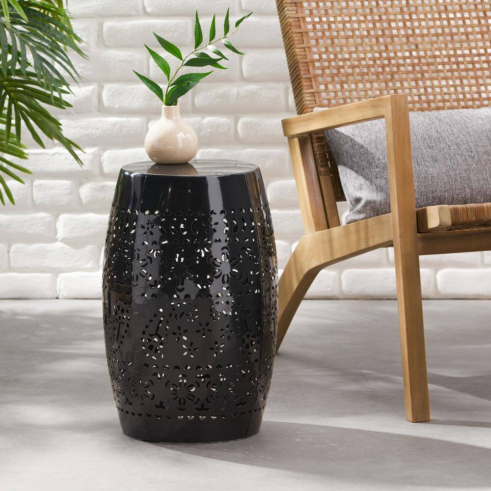 Apollos 12.15 in. W Black Lace Cut Iron Outdoor Patio Accent Table