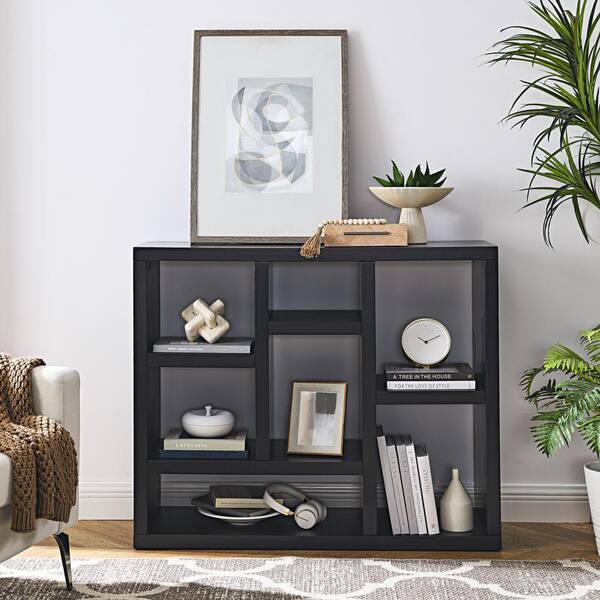 FUNKOL 43.3 in. L x 13.8 in. W x 35.6 in. H,Ready to Assembly Black MDF Wall Cabinet with Seven 7 Cube Storage Spaces
