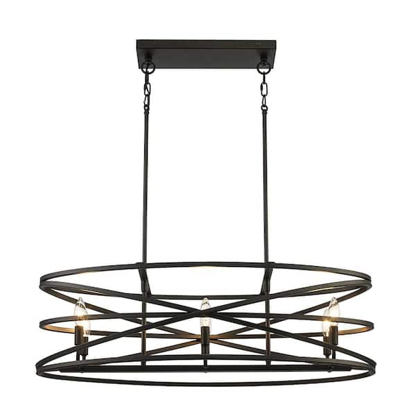 6-Light Black Kitchen Island Pendant Light Fixture with Linear Metal Shade