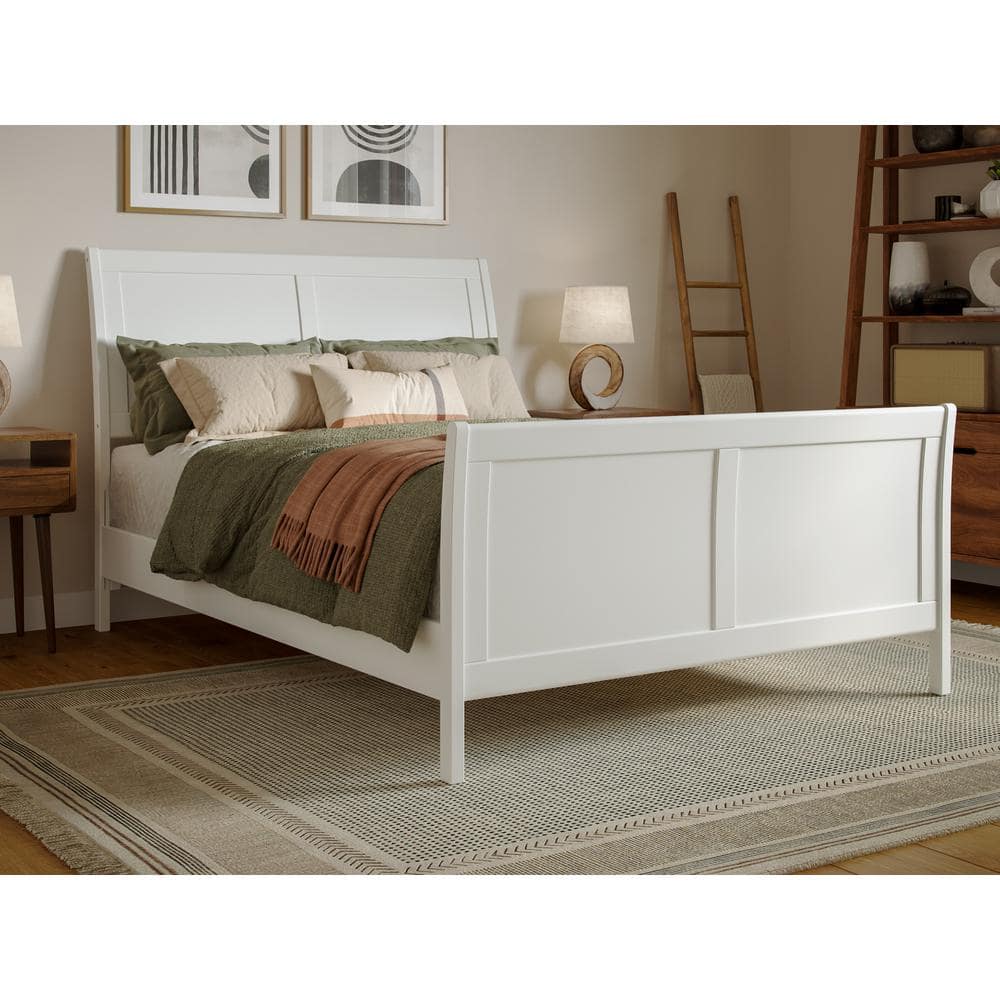 Valencia White Full Sleigh Platform Bed with Wood Frame