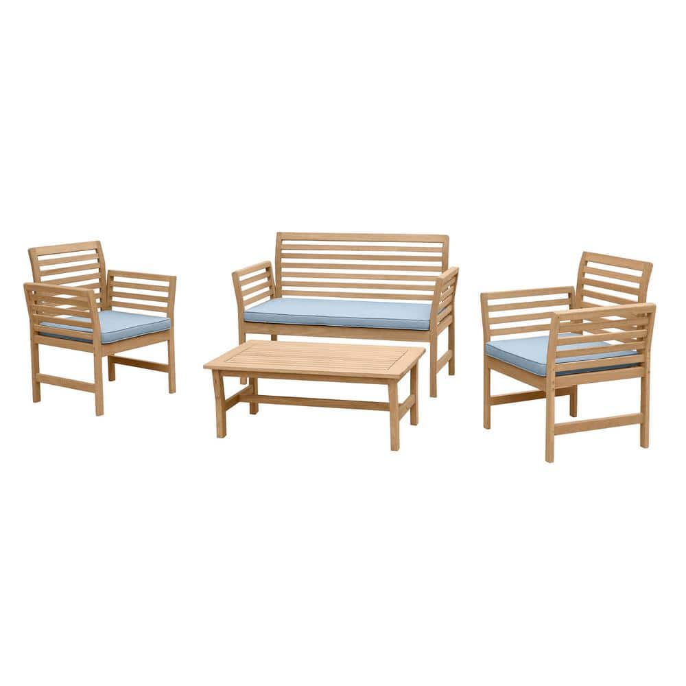 RST BRANDS Yuri 4-Piece Wood Patio Conversation Set with Blue Cushions -  OP-AWSS4YURIBLE