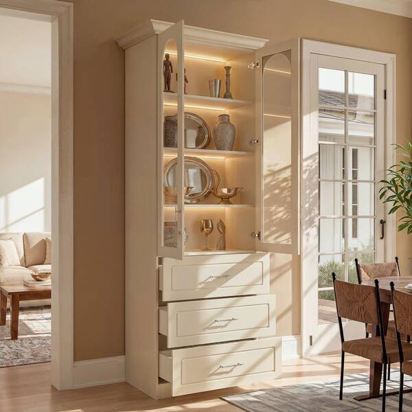 White 92.5 in. Accent Cabinet Office Storage Cabinet with 4-Shelves, LED Lighting, Glass Doors, 3-Drawer, Glass Shelves
