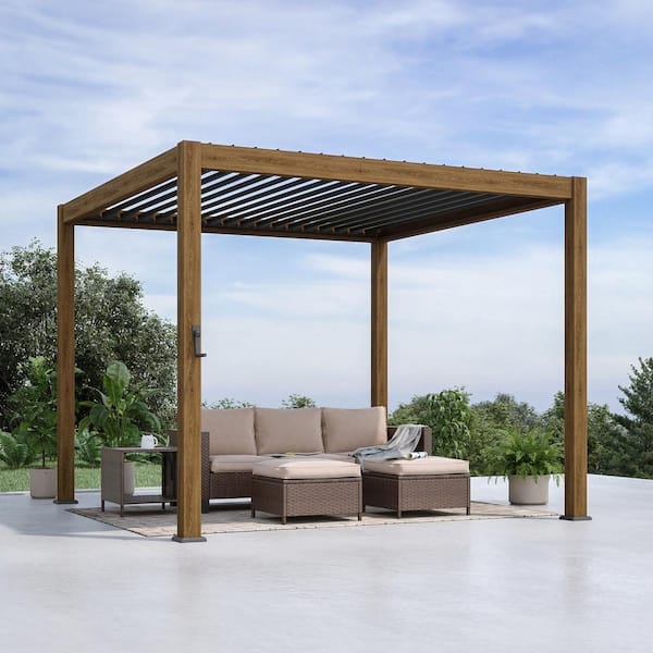 Nordica Series 10 ft. x 10 ft. Aluminum Louvered Pergola, Adjustable Rainproof Roof, Wood Grain