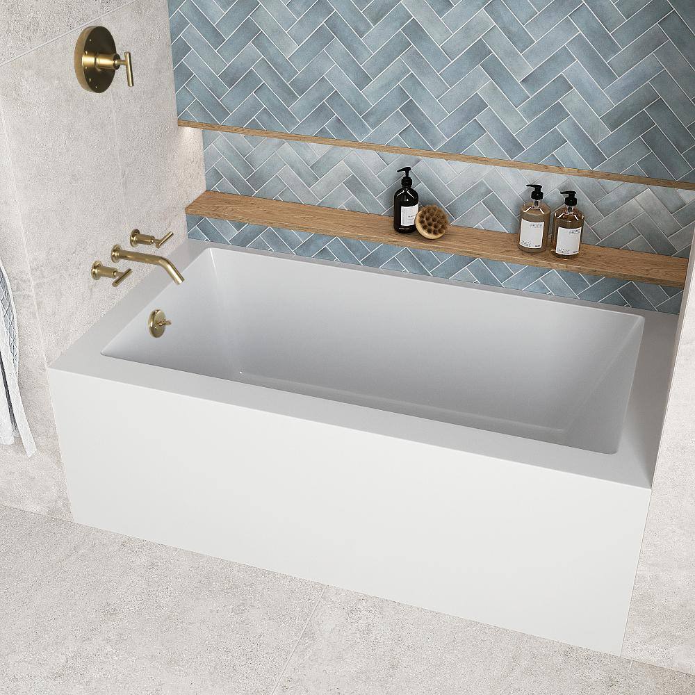 60-Inch Glossy White Acrylic Alcove Bathtub with Polished Brass Drain