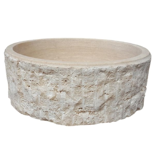 TashMart Chiseled Cylindrical Natural Stone Vessel Sink in Beige