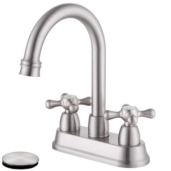 4 in. Centerset Double Handle High Arc Bathroom Faucet with Drain Kit Included in Brushed Nickel
