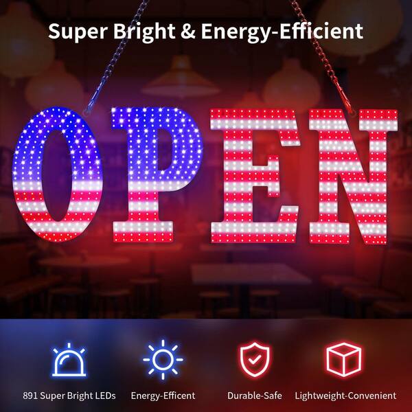 Afoxsos Plug In Electric LED Open Sign American Flag 12 Scene