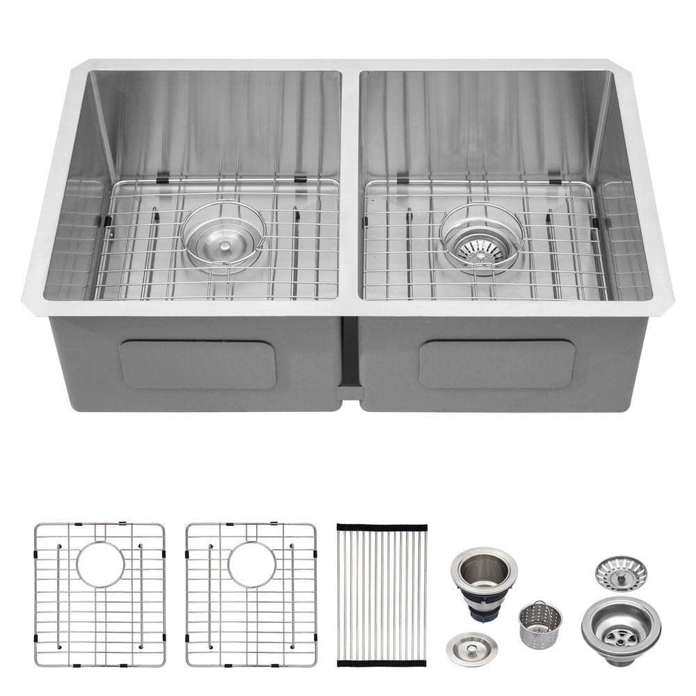 32 in. Undermount Double Bowl 50/50 Sink 16-Gauge Stainless Steel Kitchen Sink with Bottom Grid price history on PriceWatchPro