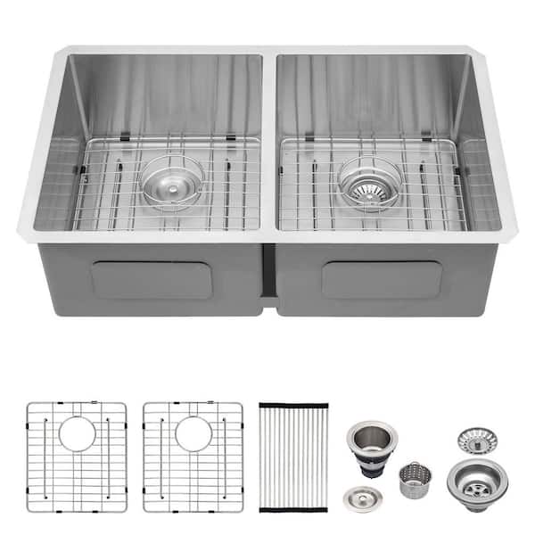 Logmey 18-Gauge Stainless Steel 33 in. Double Bowl Undermount Kitchen Sink with Bottom Grid and Drainer