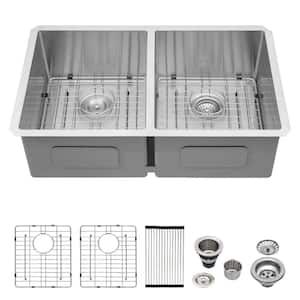 18-Gauge Stainless Steel 33 in. Double Bowl Undermount Kitchen Sink with Bottom Grid and Drainer