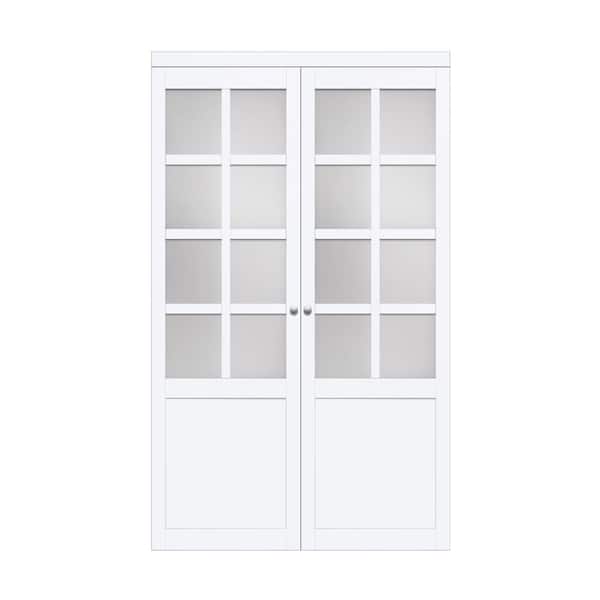 TRUporte 48 in. x 78.62 in. 8-Lite Tempered Frosted Glass Solid MDF Core White MDF Interior Closet Pivot Door